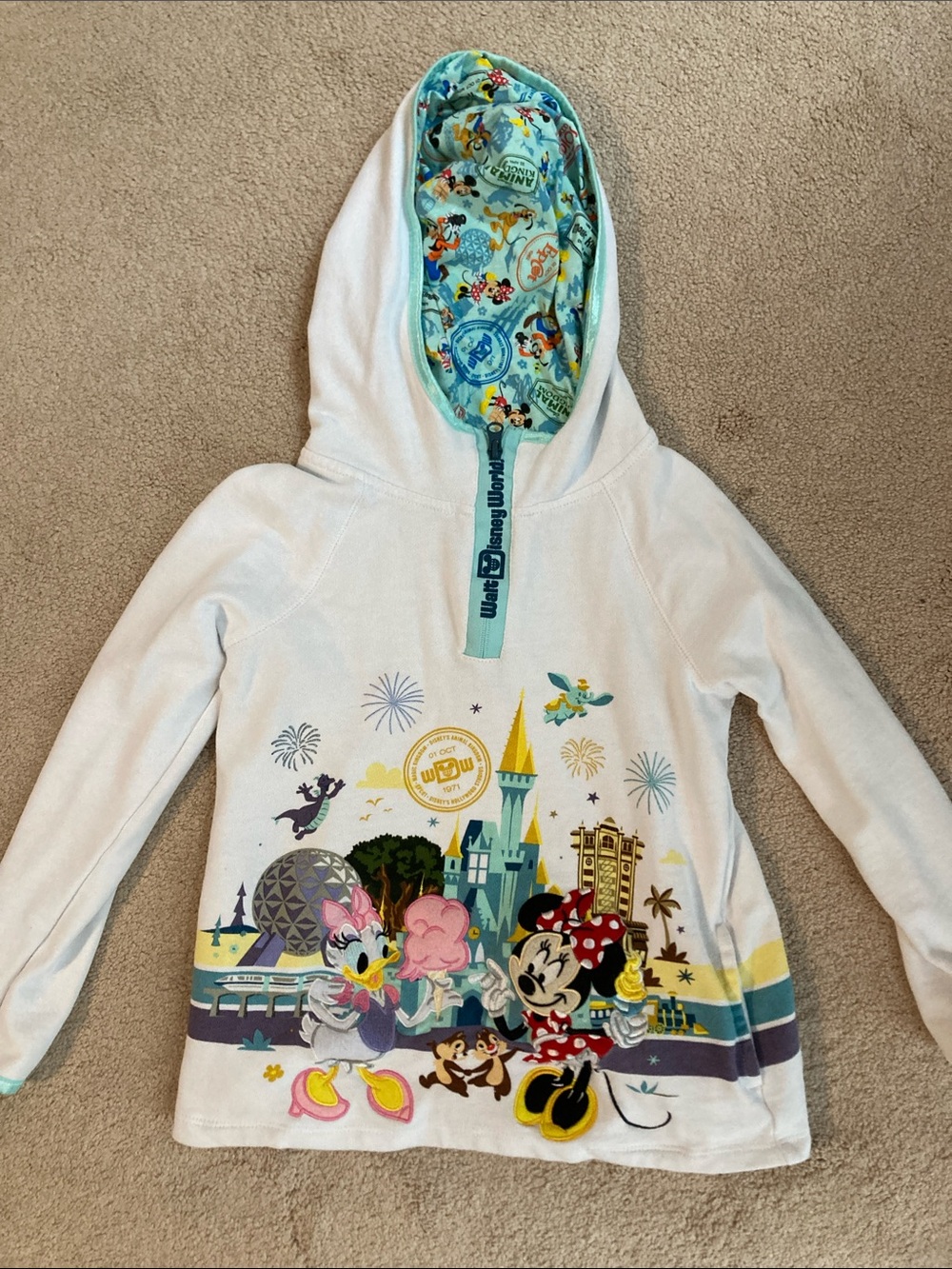 Disney White Hooded Kids Sweatshirt with Minnie, Daisy & Park Print